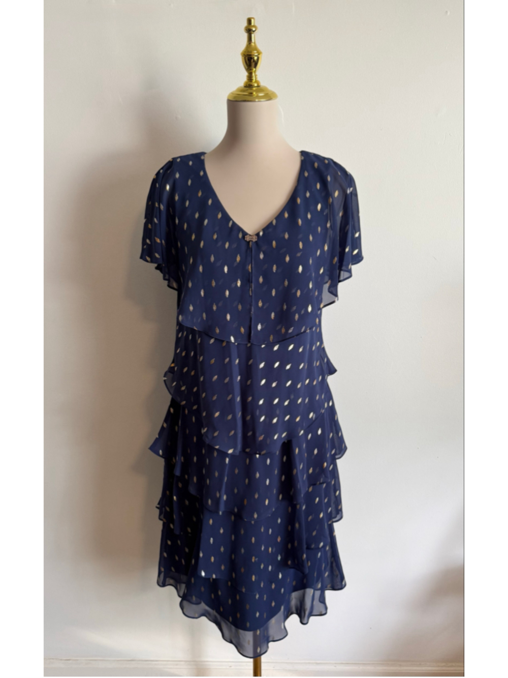 Women's SLNY Navy Gold Tiered Dress with Embellishment Size 8